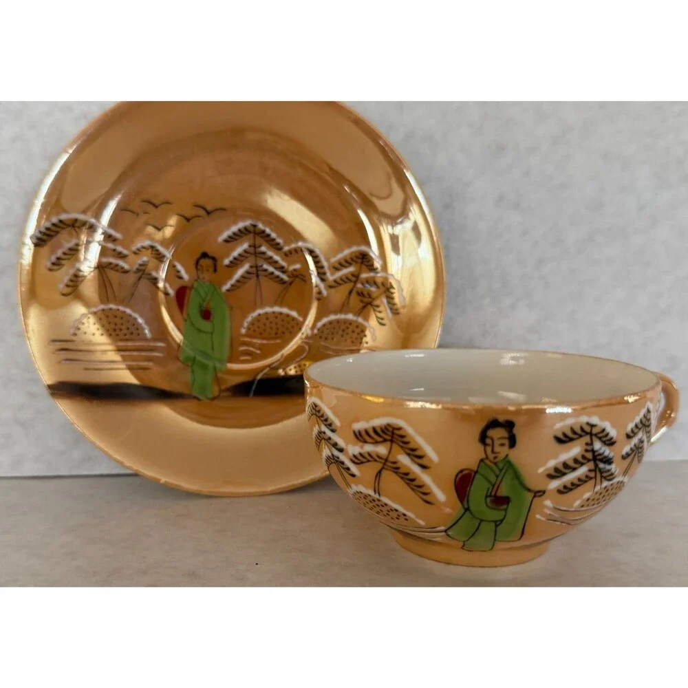 Lithophane Geisha Girl Cup and Saucer, Caramel Luster